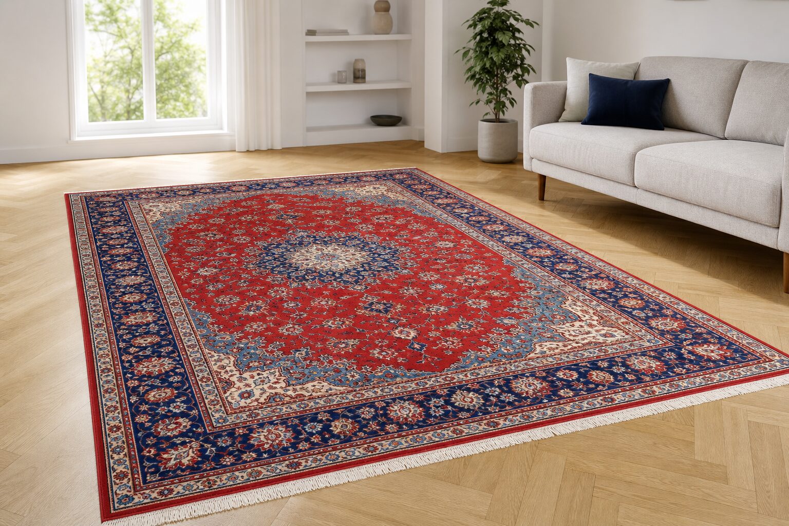 Frisch gereinigter Orientteppich mit strahlenden Farben auf Parkettboden, Ergebnis professioneller Teppichreinigung in Berlin.